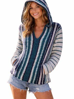 Roxy Wild & Free Striped Baja Hoodie Sweater Cotton Boho Beach Coastal Indie XS